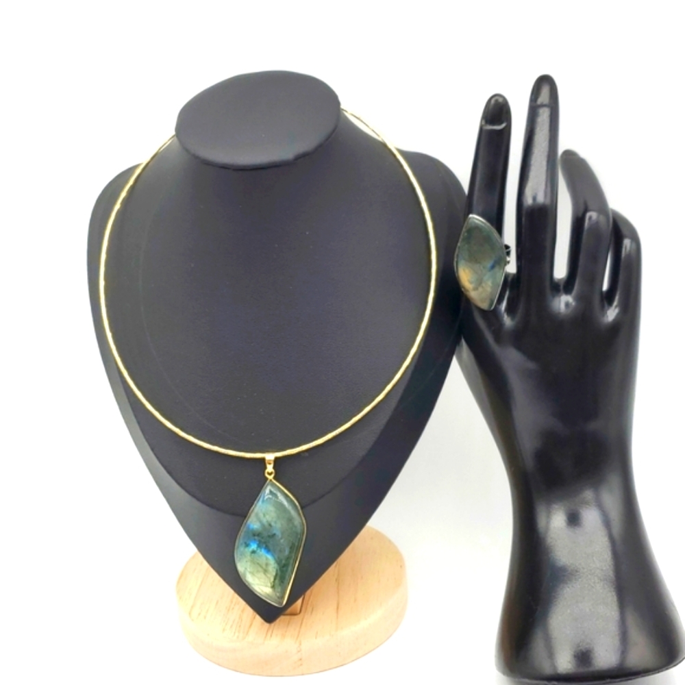 New Natural Labradorite Pendant Necklace & Adjustable Natural Labradorite Ring